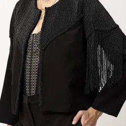 Diwaah Self Design Collarless Crop Open Front Jacket With Embroidered image 3