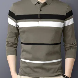 Men Striped Polo Neck Cotton Blend Black T-Shirt-image-44