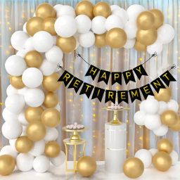 Solid Retirement Party Decorations with Banner for Women & Men, Gold and White Balloon-17