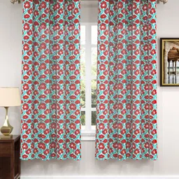 BLOCKS OF INDIA Turquoise Blue & Red Set of 2 Ethnic Motifs Window Curtain-25