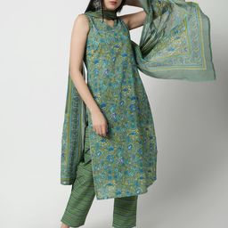 HERE&NOW Women Floral Printed Cotton Kurta with Trousers & Dupatta-picture-8