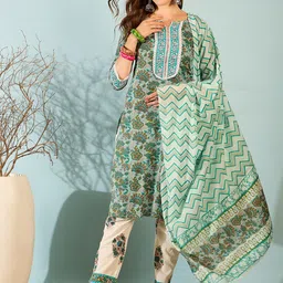 DIVASTRI Women Floral Printed Regular Gotta Patti Pure Cotton Kurta with Trousers & With Dupatta-image-91