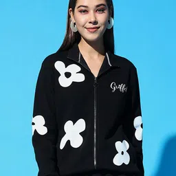 GRIFFEL Women Printed Mock Collar Front-Open Sweatshirt-picture-48