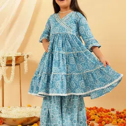 BANDIA Girls Bandhani Printed Tiered Gotta Patti Pure Cotton Kurta with Sharara-picture-29