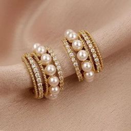 Estailo fashion Stainless Steel A Pearl Of Wisdom Studded Half Hoops Earrings image 4