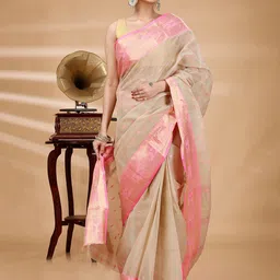 PuJoy Woven Design Zari Pure Cotton Taant Saree-22