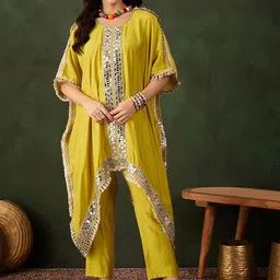Sangria Yellow Geometric Embroidered Mirror Work Kaftan Kurta With Trousers-picture-15