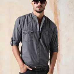 High Star Men Regular Fit Utility Heavy Washed Spread Collar Solid Cotton Casual Shirt-picture-24