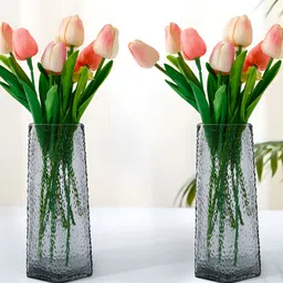UMAI Set Of 2 Grey Textured Glass Round Shaped Flower Vases-28