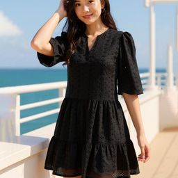 ZUMMER V-Neck Puff Sleeve Schiffli Tiered Cotton Drop-Waist Dress-image-45