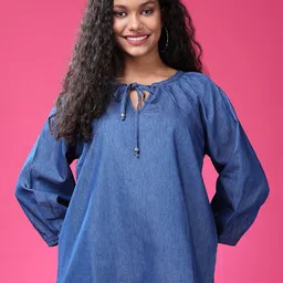 RANGRIWAZ Women Solid Blue Tie-up Neck Cotton Top-image-90