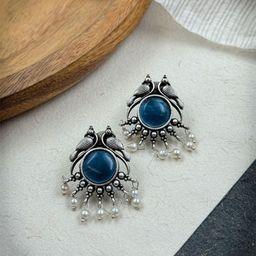 NAMAN ARTS Gold-Plated Stones Studded and Beaded Animal Shaped Oxidised Drop Earrings-11