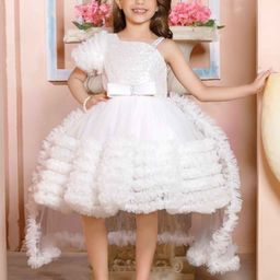 Lagorii Girls Sequins Work With Bow Embellished Party Wear Tailback Frock - White-image-29