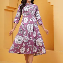 HEARTLOOM Floral Printed Mandarin Collar Neck Fit & Flare Midi Dress-picture-19