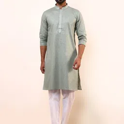 Satwaa Geometric Yoke Design Mandarin Collar Linen Straight Kurta-picture-12