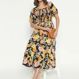 Femvy Floral Print Applique Crepe Fit & Flare Dress-picture-36