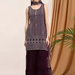 PARROT CREATION Geometric Embroidered Georgette Straight Kurti With Sharara & Dupatta-image-96