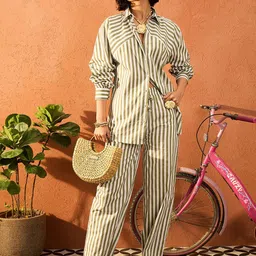 Pink Paprika by SASSAFRAS Striped Pure Cotton Shirt With Straight Trousers Co-Ords-picture-13