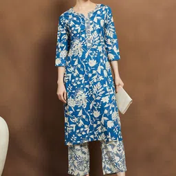 Melange by Lifestyle Women Floral Printed Regular Pure Cotton Kurta with Palazzos-picture-34