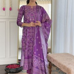 PEENGAX Women Bandhani Print Regular Mirror Work Kurta Sets With Dupatta-35