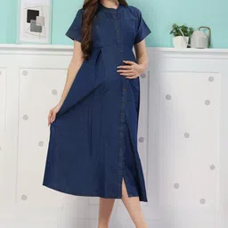 EASY MOM Choker Neck Maternity A-Line Midi Dress-picture-7
