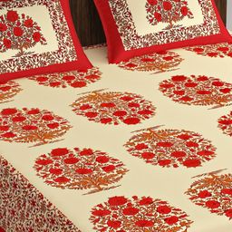 Myntra Elegant Homes Cream-Coloured & Red Floral 144 TC Queen Bedsheet with 2 Pillow Covers-image-94