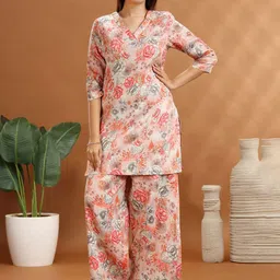 COTTON CULTURE Floral Printed V-Neck Pure Cotton Straight Tunic With Trouser-image-68