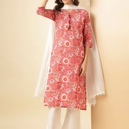 Fourleaf Floral Printed Round Neck Pure Cotton Straight Kurta with Trousers & Dupatta-image-3