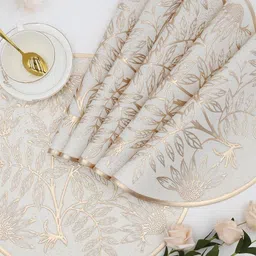 LooMantha Beige & Gold Toned 6 Pieces Floral Textured Round Table Placemats-4