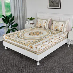 RUBOXA Yellow & White Floral Printed Cotton 144 TC King Bedsheet Set-2.72 m x 2.55 m-image-2