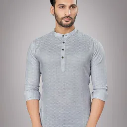 JUGG JUGG JEEYO Men Geometric Woven Design Mandarin Collar Straight Kurta-picture-3