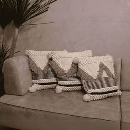 LUSHLYF Macrame Off White 3 Pieces Geometric Embroidered Cotton Square Cushion Covers-44
