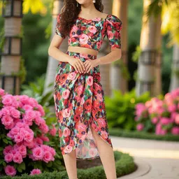 Zima Leto Printed Sweetheart Neck Top With Skirt Co-Ords Set-image-84