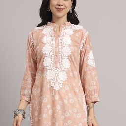 The Chikan Label Women Peach Aarini Mulmul Floral Printed Chikankari Kurti-picture-18