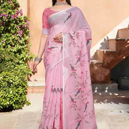 ZILVIRA Ethnic Motifs Zari Pure Linen Block Print Saree-picture-7