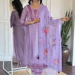 KALINI Floral Yoke Design Notch Neck Thread Work Straight Kurta With Trouser & Dupatta-picture-27