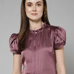PURYS WORKSPACE Women Mandarin Collar Satin Blouson Top-image-3