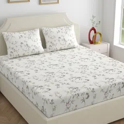 Dreamscape Peach-Coloured & Grey Floral 250 TC King Bedsheet with 2 Pillow Covers-picture-6