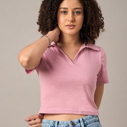 Mayra Women Solid Polo Collar Cotton T-shirt-image-48