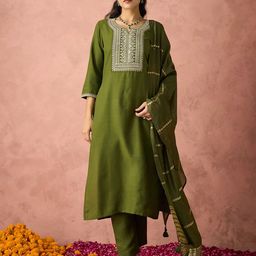 KALINI Ethnic Motifs Embroidered Straight Kurta With Trousers & Dupatta-52