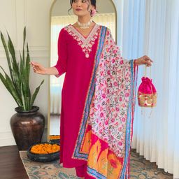 KALINI Floral Embroidered V-Neck Thread Work Straight Kurta With Trousers And Dupatta-picture-32