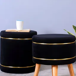Shadowkart 2-Pcs Black Wooden Ottoman PouffesStool-15