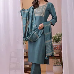 HRITIKA Women Ethnic Motifs Embroidered Kurta with Trousers & With Dupatta-image-31