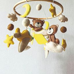 BABBLE WRAP Brown & Yellow Hand Stitch Crib Cot Mobiles image 2