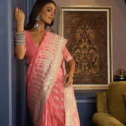 Sangria Ethnic Motifs Woven Design Banarasi Saree With Unstitched Blouse-image-72