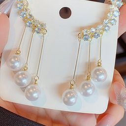 VAGHBHATT Korean Gold-Plated Artificial Stones Studded & Pearls Beaded Tasselled Ear Cuff image 3