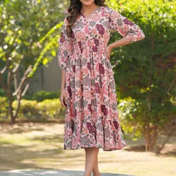 Janasya Floral Print Puff Sleeve Georgette Fit & Flare Midi Dress-image-68