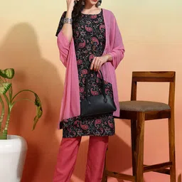 DIVASTRI Women Floral Printed Regular Thread Work Kurta with Trousers & With Dupatta image 4