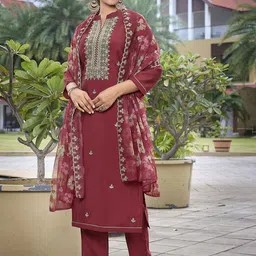 DIVASTRI Women Ethnic Motifs Yoke Design Regular Sequinned Chanderi Silk Kurta with Trousers & With Dupatta image 2