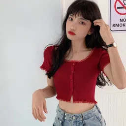 KPOP Women Scoop Neck Short Sleeves Crop Top-image-98